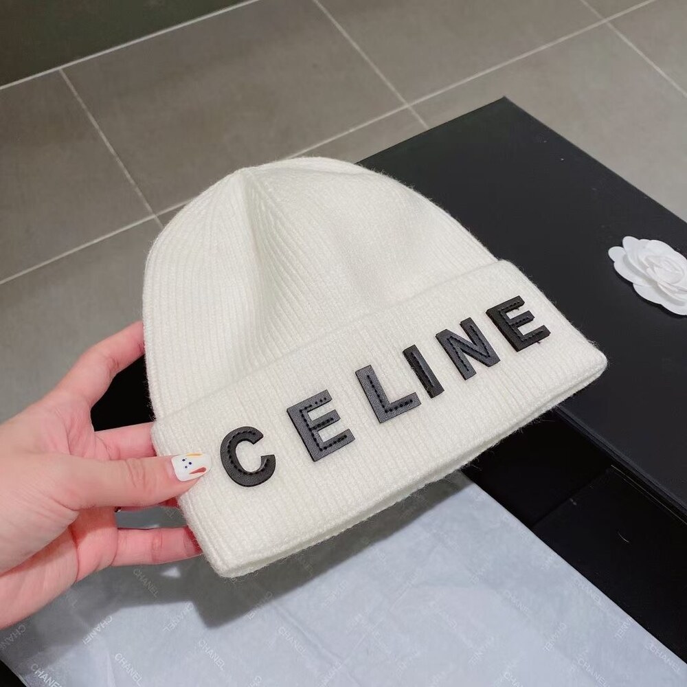 Celine Logo Ribbed Knit Beanie in White